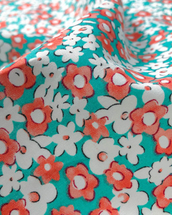 Popeline de Coton imprimé Fleur Aqua