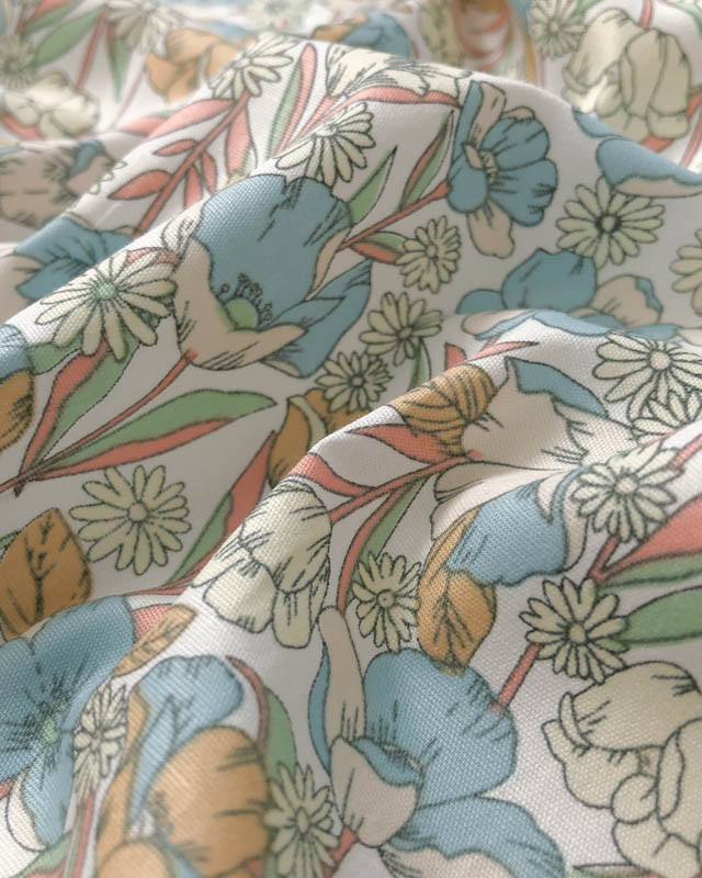 Coton imprimé Fleurs Bleu Pastel - Magasin de tissus - Mercerine