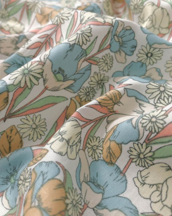 Coton imprimé Fleurs Bleu Pastel - Magasin de tissus - Mercerine