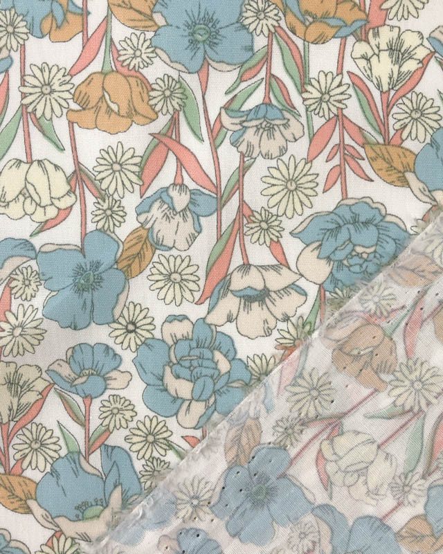 Coton imprimé Fleurs Bleu Pastel - Magasin de tissus - Mercerine