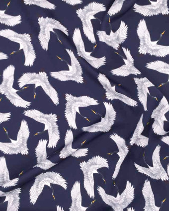 Tissu bleu satiné grues japonaises x10cm