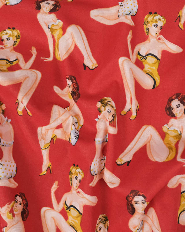 Tissu Coton Rouge Imprimé Pin-Up - Mercerine