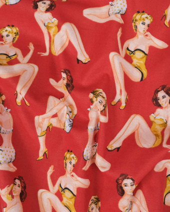Tissu Coton Rouge Imprimé Pin-Up - Mercerine