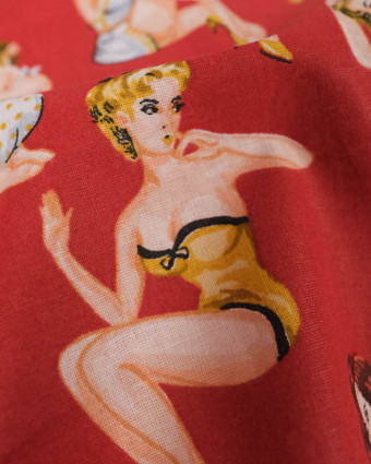 Tissu Coton Rouge Imprimé Pin-Up - Mercerine