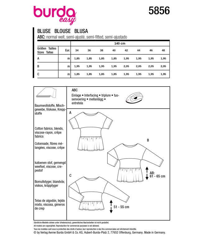 Patron de couture femme Blouse Burda 5856 - Mercerine