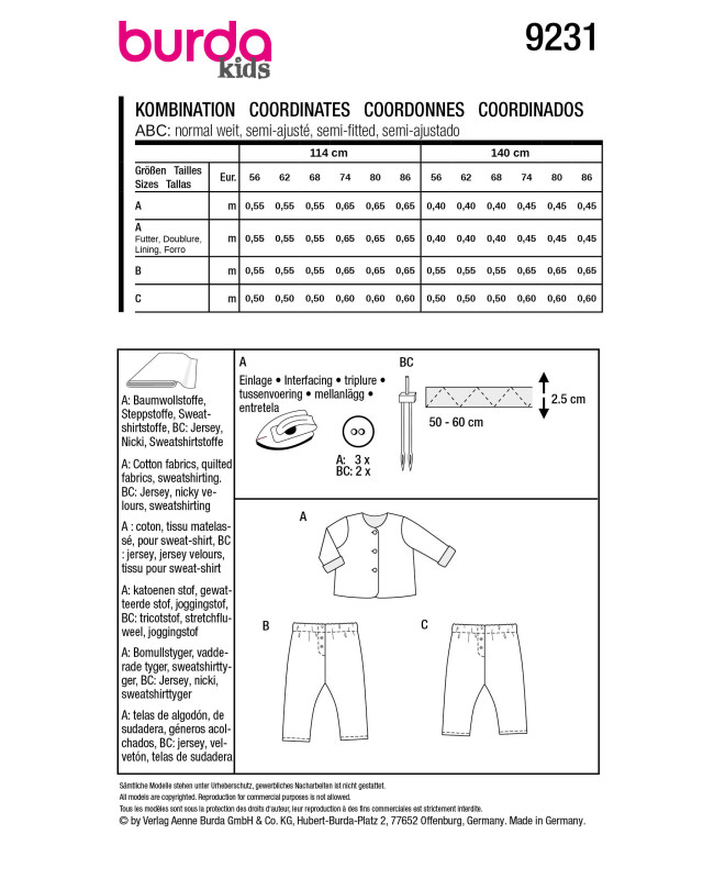 Patron de couture bébé legging et veste Burda 9231 - Mercerine