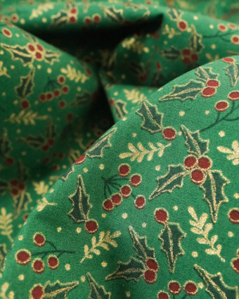 Popeline de Noël Vert Motif Houx Oeko-Tex - Mercerine