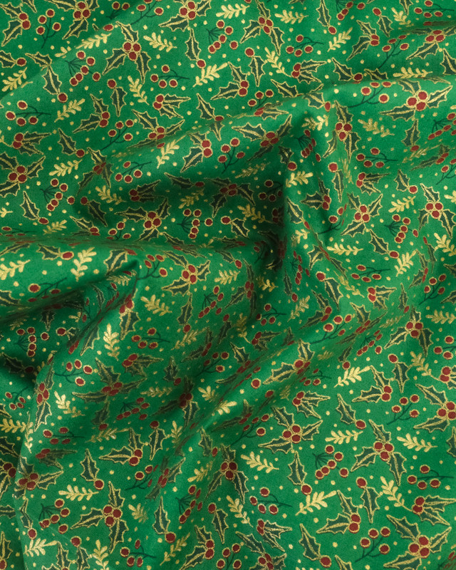 Tissus au mètre : Popeline de Noël Vert Motif Houx Oeko-Tex - Mercerine