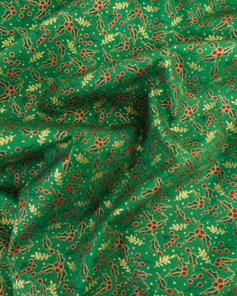 Tissus au mètre : Popeline de Noël Vert Motif Houx Oeko-Tex - Mercerine