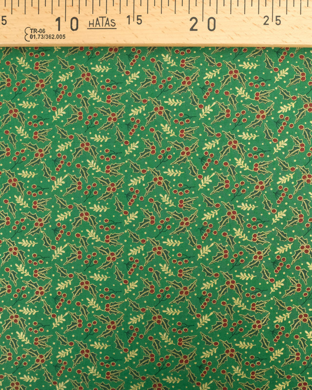 Tissus au mètre : Popeline de Noël Vert Motif Houx Oeko-Tex - Mercerine