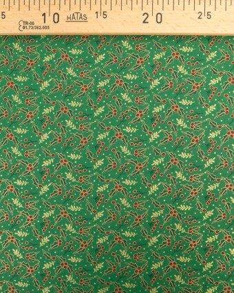 Tissus au mètre : Popeline de Noël Vert Motif Houx Oeko-Tex - Mercerine