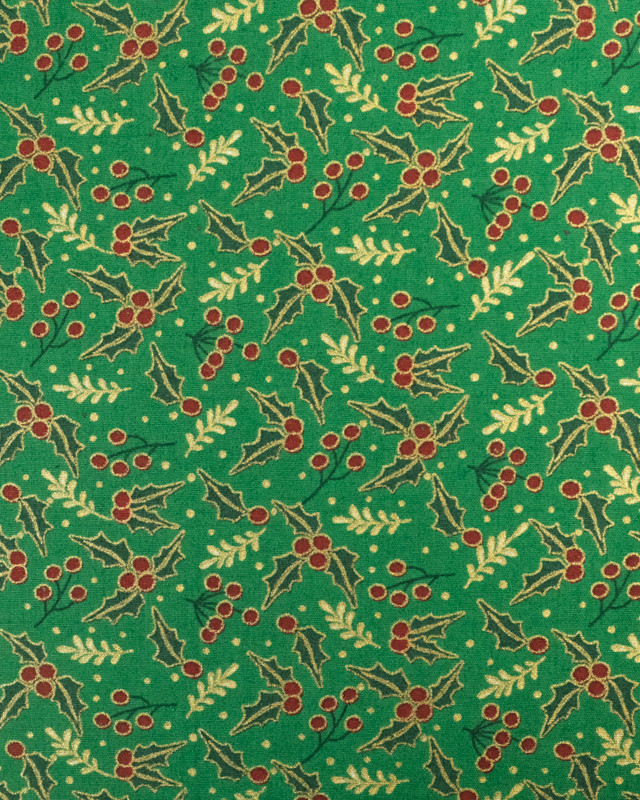 Tissus au mètre : Popeline de Noël Vert Motif Houx Oeko-Tex - Mercerine