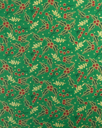 Tissus au mètre : Popeline de Noël Vert Motif Houx Oeko-Tex - Mercerine