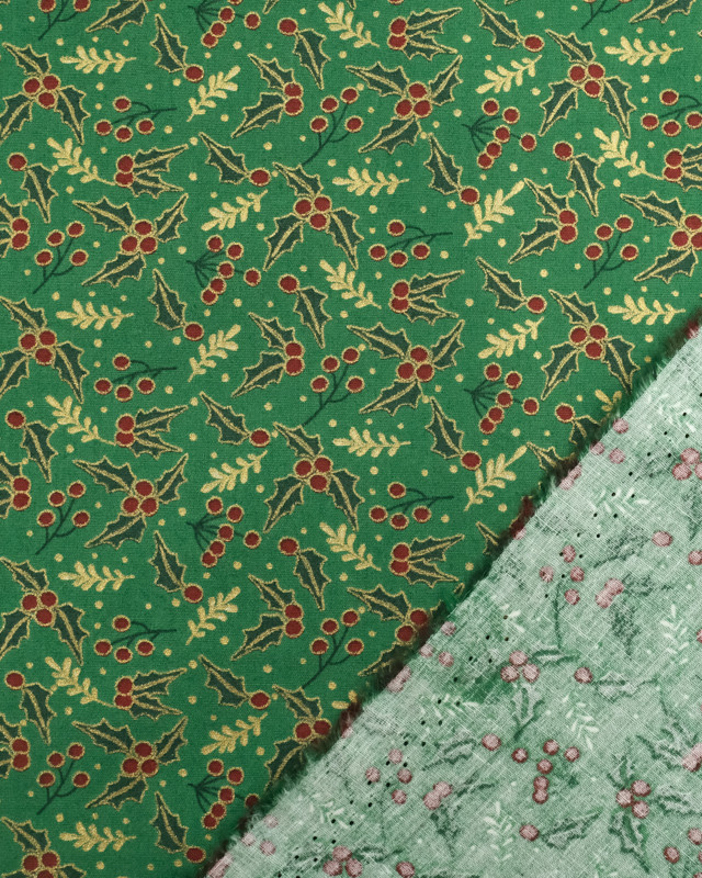 Tissus au mètre : Popeline de Noël Vert Motif Houx Oeko-Tex - Mercerine