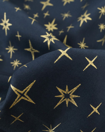 Popeline de Noël Bleu Nuit Etoile Dorée Oeko-Tex - Mercerine
