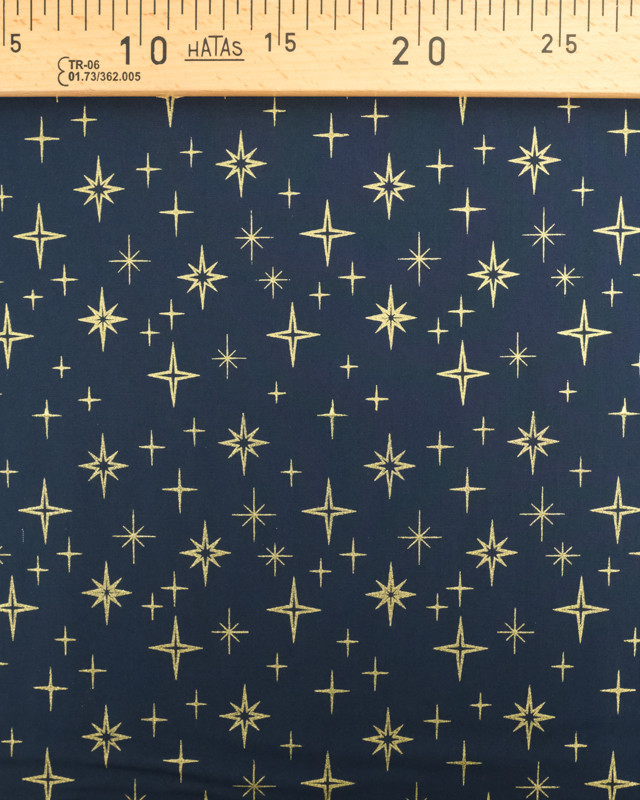 Tissus au mètre : Popeline de Noël Bleu Nuit Etoile Dorée Oeko-Tex  - Mercerine