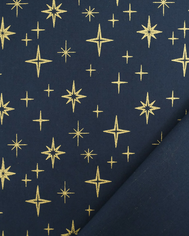 Tissus au mètre : Popeline de Noël Bleu Nuit Etoile Dorée Oeko-Tex  - Mercerine