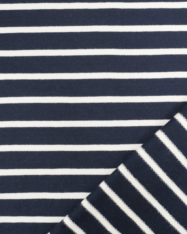 Jersey Coton Marine Rayures Blanches Envers French Terry - Mercerine