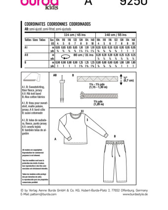 Patron de couture pyjama enfant - Burda 9250 - Mercerine