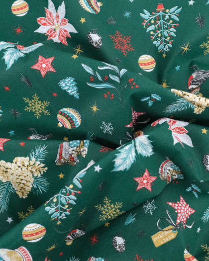 Tissu Noël boule à neige et oiseaux Vert Oeko-tex  - Mercerine