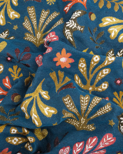 Tissu Jacquard Motif Floral Bleu Pétrole - Mercerine
