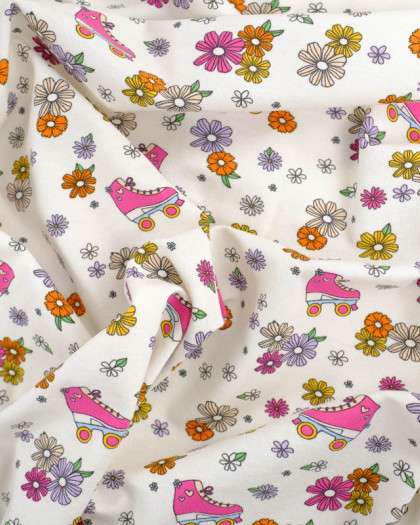 Tissu Jersey Patin A Roulette Flower Power Ecru Oeko-Tex - Mercerine
