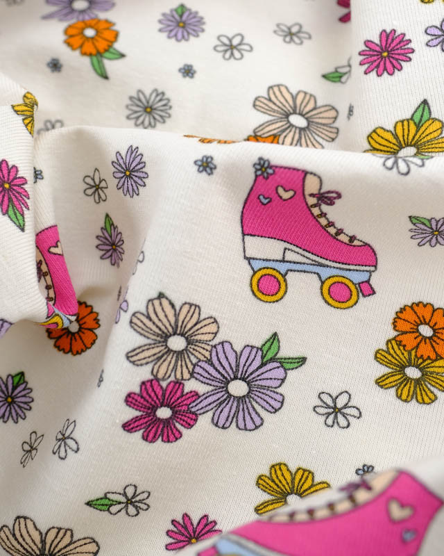 Tissu Jersey Patin A Roulette Flower Power Ecru Oeko-Tex -Mercerine