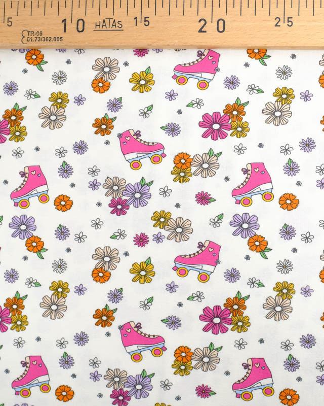 Tissu Jersey Patin A Roulette Flower Power Ecru Oeko-Tex -Mercerine
