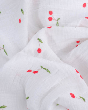 Tissu Double Gaze Blanc Cerise Oeko-Tex - Mercerine