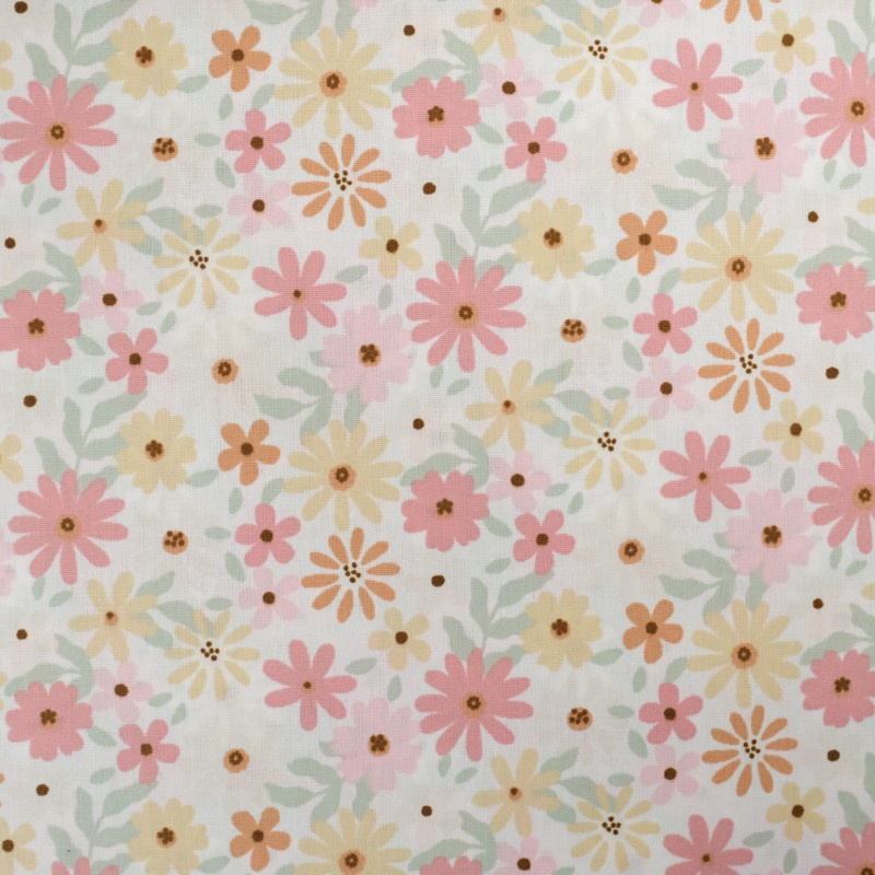 Tissu Enduit Ecru Fleurs Colorées  - Mercerine