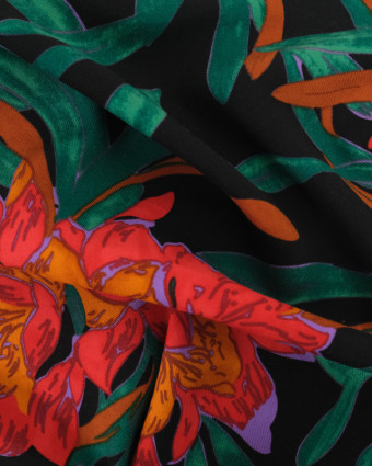 Tissu Viscose Noir Motif Tropical Oeko-Tex - Mercerine