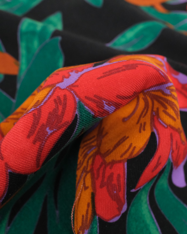 Tissu Viscose Noir Motif Tropical Oeko-Tex- Mercerine