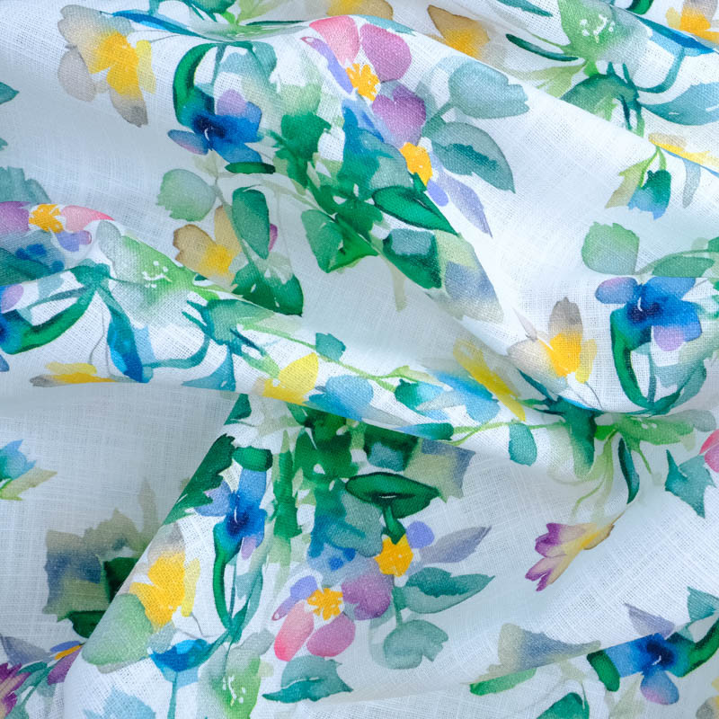 Tissu Lin Coton Fleur Aquarelle Imprimé Digital - Mercerine