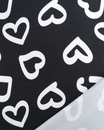 Tissu Jersey De Coton Gros Coeur Blanc Fond Noir  Oeko-Tex - Mercerine