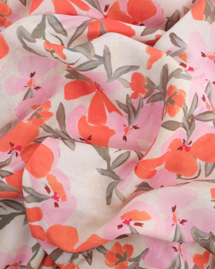 Tissu Viscose Ecru Fleur d'Été Orange et Rose - Mercerine