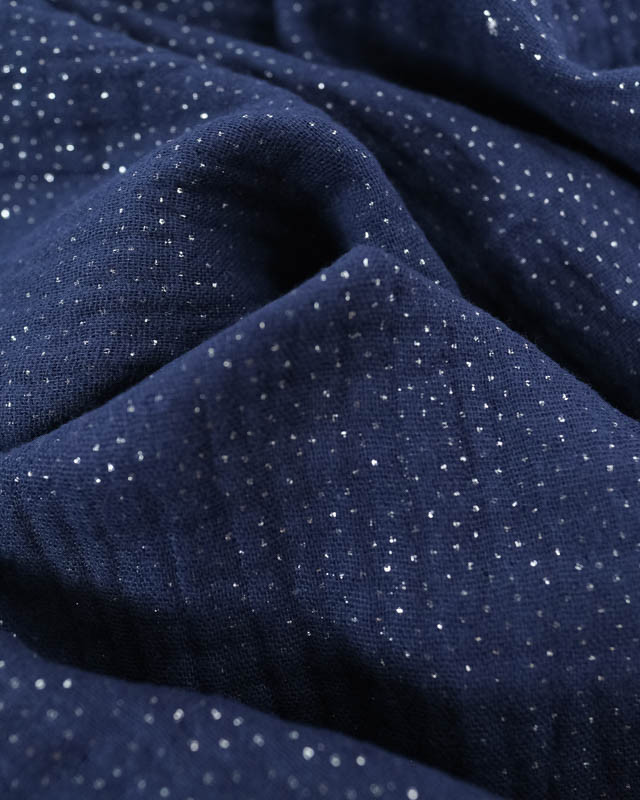 Tissu Double Gaze Navy Pois Argent  - Mercerine