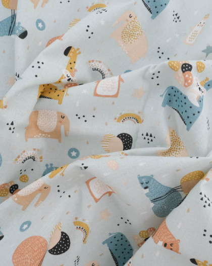 Cretonne de Coton Bleue Petits Animaux Festifs - Mercerine