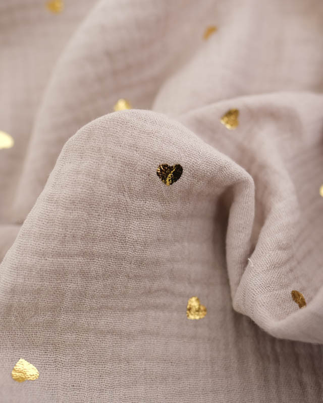 Tissus au mètre : Double Gaze Petit Cœur Doré Taupe - Mercerine