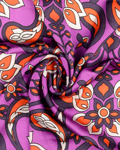 Tissu Satin Mauve Joli Motif Arabesque Orange - Mercerine