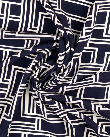 Tissu Popeline de Viscose Bleu Marine Motif Géométrique - Mercerine