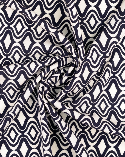 Popeline De Viscose Bleu Marine Motif Seventies  - Mercerine