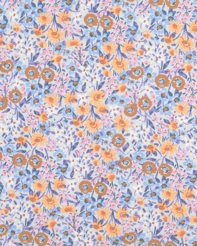 Tissu Popeline De Viscose Champ Fleuri Bleu - Mercerine