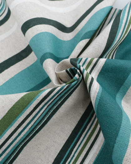Tissu Effet Lin Enduit Rayures Bleu Vert  - Mercerine