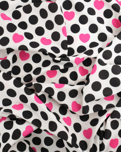 Tissu Lycra Pois Noir Cœur Rose - Mercerine
