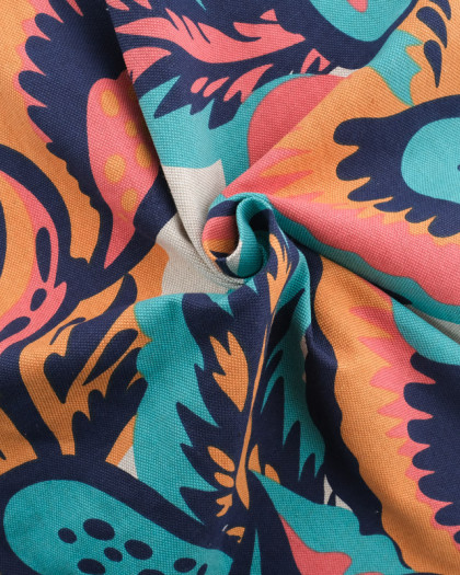 Tissu Effet Lin Hawaï Bleu et Corail - Mercerine