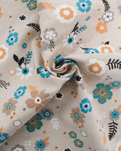 Tissu Effet Lin Petite Fleur Bleue - Oeko-Tex - Mercerine