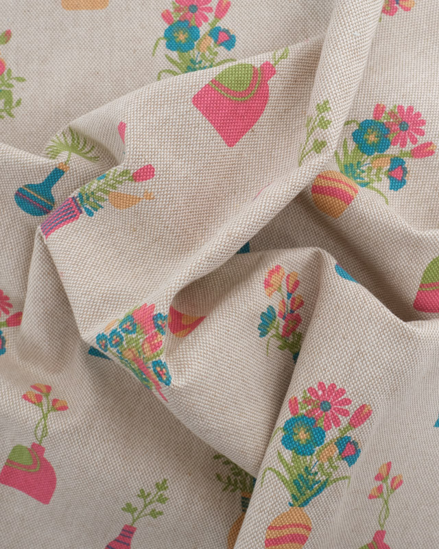 Tissu Effet Lin Bouquet De Fleurs - Oeko-Tex-  Mercerine
