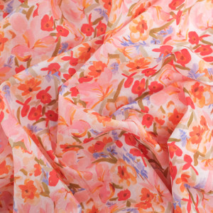 Tissu Coton Jolies Fleurs Aquarelle Rose Orange - Mercerine