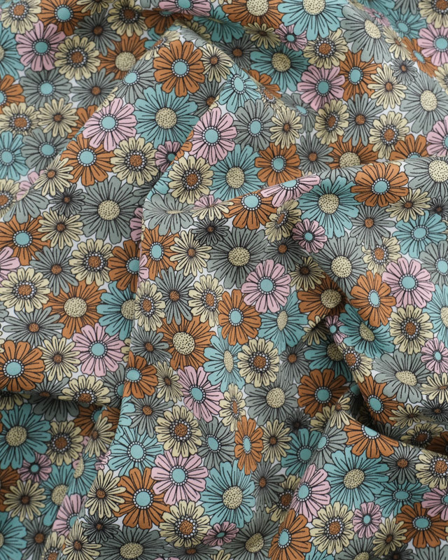 Tissu Coton Champ de Fleurs Bleu Vert - Poppy Design - Mercerine