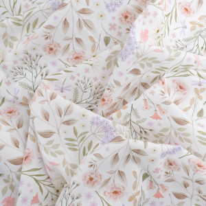 Tissu Coton Blanc Motif Fleuri Délicat Rose et Lilas - Poppy Design - Mercerine